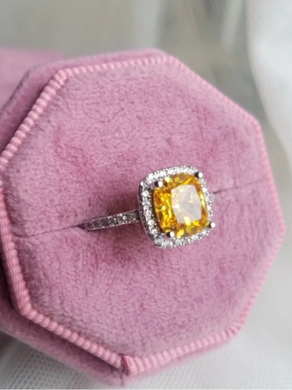 Swarovski Elements 925 Sterling Silver Solitaire Halo Yellow Citrine Ring NEW